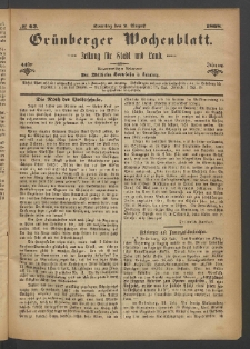 Gr&uuml;nberger Wochenblatt: Zeitung f&uuml;r Stadt und Land, No. 62. (2. August 1868)