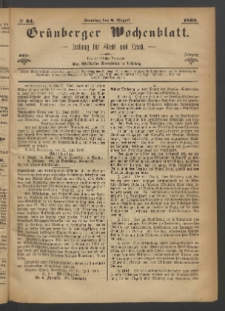 Gr&uuml;nberger Wochenblatt: Zeitung f&uuml;r Stadt und Land, No. 64. (9. August 1868)