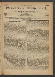 Gr&uuml;nberger Wochenblatt: Zeitung f&uuml;r Stadt und Land, No. 68. (23. August 1868)