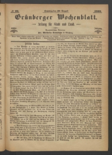 Gr&uuml;nberger Wochenblatt: Zeitung f&uuml;r Stadt und Land, No. 70. (30. August 1868)