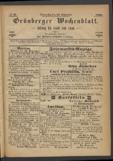 Gr&uuml;nberger Wochenblatt: Zeitung f&uuml;r Stadt und Land, No. 77. (24. September 1868)