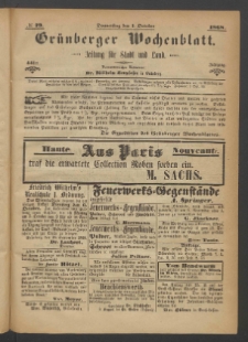 Gr&uuml;nberger Wochenblatt: Zeitung f&uuml;r Stadt und Land, No. 79. (1. October 1868)