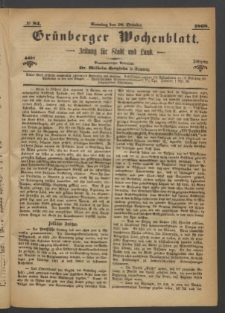 Gr&uuml;nberger Wochenblatt: Zeitung f&uuml;r Stadt und Land, No. 84. (18. October 1868)