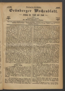 Grünberger Wochenblatt: Zeitung für Stadt und Land, No. 84. (18. October 1868)
