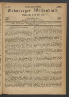 Gr&uuml;nberger Wochenblatt: Zeitung f&uuml;r Stadt und Land, No. 88. (1. November 1868)