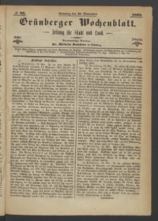 Gr&uuml;nberger Wochenblatt: Zeitung f&uuml;r Stadt und Land, No. 92. (15. November 1868)