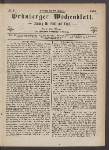 Gr&uuml;nberger Wochenblatt: Zeitung f&uuml;r Stadt und Land, No. 3. (10. Januar 1869)