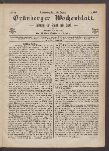 Gr&uuml;nberger Wochenblatt: Zeitung f&uuml;r Stadt und Land, No. 4. (14. Januar 1869)