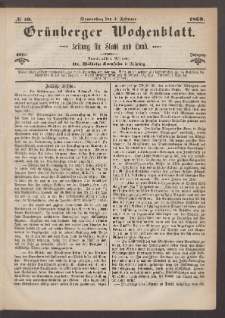 Gr&uuml;nberger Wochenblatt: Zeitung f&uuml;r Stadt und Land, No. 10. (4. Januar 1869)