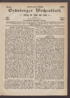 Gr&uuml;nberger Wochenblatt: Zeitung f&uuml;r Stadt und Land, No. 11. (7. Februar 1869)