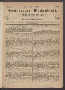 Gr&uuml;nberger Wochenblatt: Zeitung f&uuml;r Stadt und Land, No. 12. (11. Februar 1869)