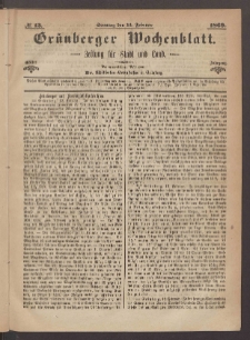 Gr&uuml;nberger Wochenblatt: Zeitung f&uuml;r Stadt und Land, No. 13. (14. Februar 1869)