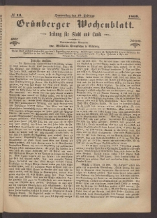 Gr&uuml;nberger Wochenblatt: Zeitung f&uuml;r Stadt und Land, No. 14. (18. Februar 1869)
