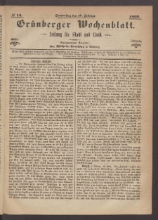 Grünberger Wochenblatt: Zeitung für Stadt und Land, No. 14. (18. Februar 1869)