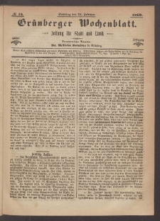 Gr&uuml;nberger Wochenblatt: Zeitung f&uuml;r Stadt und Land, No. 15. (21. Februar 1869)