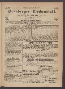 Gr&uuml;nberger Wochenblatt: Zeitung f&uuml;r Stadt und Land, No. 16. (25. Februar 1869)