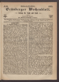 Gr&uuml;nberger Wochenblatt: Zeitung f&uuml;r Stadt und Land, No. 17. (28. Februar 1869)