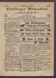Gr&uuml;nberger Wochenblatt: Zeitung f&uuml;r Stadt und Land, No. 18. (4. M&auml;rz 1869)