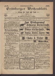 Grünberger Wochenblatt: Zeitung für Stadt und Land, No. 18. (4. März 1869)