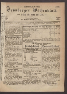 Gr&uuml;nberger Wochenblatt: Zeitung f&uuml;r Stadt und Land, No. 20. (11. M&auml;rz 1869)