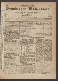 Grünberger Wochenblatt: Zeitung für Stadt und Land, No. 20. (11. März 1869)