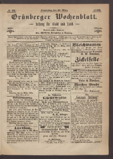 Gr&uuml;nberger Wochenblatt: Zeitung f&uuml;r Stadt und Land, No. 22. (18. M&auml;rz 1869)