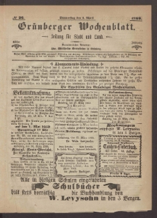 Gr&uuml;nberger Wochenblatt: Zeitung f&uuml;r Stadt und Land, No. 26. (1. April 1869)