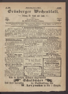 Grünberger Wochenblatt: Zeitung für Stadt und Land, No. 26. (1. April 1869)