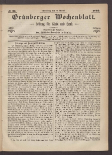 Gr&uuml;nberger Wochenblatt: Zeitung f&uuml;r Stadt und Land, No. 27. (4. April 1869)
