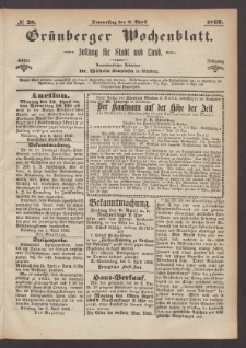 Gr&uuml;nberger Wochenblatt: Zeitung f&uuml;r Stadt und Land, No. 28. (8. April 1869)