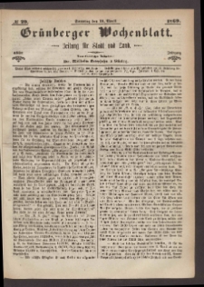 Gr&uuml;nberger Wochenblatt: Zeitung f&uuml;r Stadt und Land, No. 29. (11. April 1869)