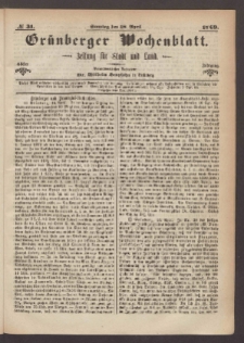 Gr&uuml;nberger Wochenblatt: Zeitung f&uuml;r Stadt und Land, No. 31. (18. April 1869)