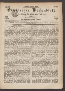 Gr&uuml;nberger Wochenblatt: Zeitung f&uuml;r Stadt und Land, No. 33. (25. April 1869)