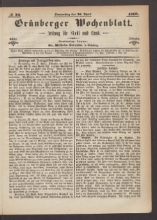 Gr&uuml;nberger Wochenblatt: Zeitung f&uuml;r Stadt und Land, No. 34. (29. April 1869)