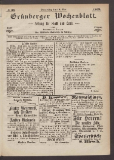 Gr&uuml;nberger Wochenblatt: Zeitung f&uuml;r Stadt und Land, No. 38. (13. Mai 1869)