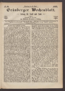 Gr&uuml;nberger Wochenblatt: Zeitung f&uuml;r Stadt und Land, No. 45. (6. Juni 1869)