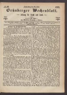 Gr&uuml;nberger Wochenblatt: Zeitung f&uuml;r Stadt und Land, No. 46. (10. Juni 1869)