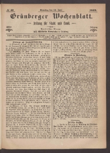 Gr&uuml;nberger Wochenblatt: Zeitung f&uuml;r Stadt und Land, No. 47. (13. Juni 1869)