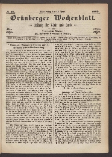 Gr&uuml;nberger Wochenblatt: Zeitung f&uuml;r Stadt und Land, No. 48. (17. Juni 1869)