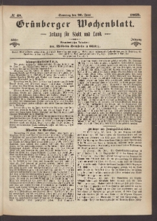 Gr&uuml;nberger Wochenblatt: Zeitung f&uuml;r Stadt und Land, No. 49. (20. Juni 1869)