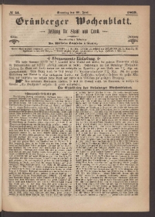 Gr&uuml;nberger Wochenblatt: Zeitung f&uuml;r Stadt und Land, No. 51. (27. Juni 1869)