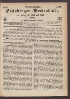 Gr&uuml;nberger Wochenblatt: Zeitung f&uuml;r Stadt und Land, No. 52. (1. Juli 1869)