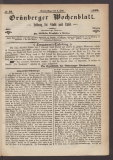 Grünberger Wochenblatt: Zeitung für Stadt und Land, No. 52. (1. Juli 1869)