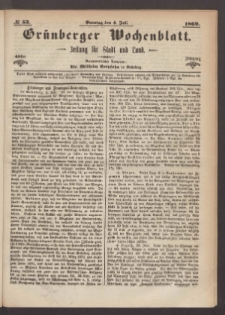Gr&uuml;nberger Wochenblatt: Zeitung f&uuml;r Stadt und Land, No. 53. (4. Juli 1869)