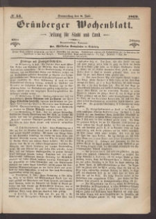 Gr&uuml;nberger Wochenblatt: Zeitung f&uuml;r Stadt und Land, No. 54. (8. Juli 1869)