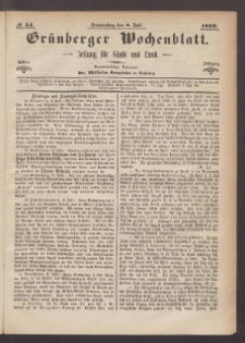 Grünberger Wochenblatt: Zeitung für Stadt und Land, No. 54. (8. Juli 1869)