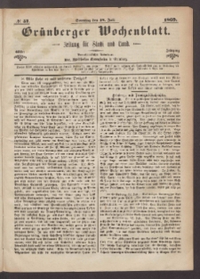 Gr&uuml;nberger Wochenblatt: Zeitung f&uuml;r Stadt und Land, No. 57. (18. Juli 1869)
