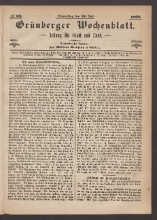 Gr&uuml;nberger Wochenblatt: Zeitung f&uuml;r Stadt und Land, No. 60. (29. Juli 1869)