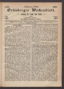 Gr&uuml;nberger Wochenblatt: Zeitung f&uuml;r Stadt und Land, No. 61. (1. August 1869)