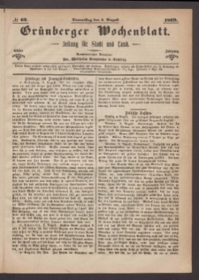 Gr&uuml;nberger Wochenblatt: Zeitung f&uuml;r Stadt und Land, No. 62. (5. August 1869)